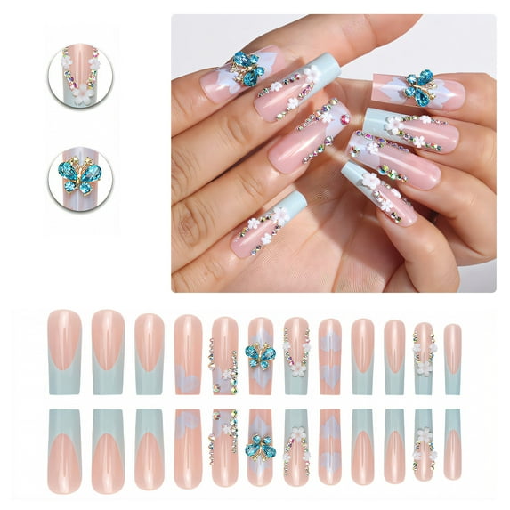 RAGUPEL 24Pcs Glue on Nails for Women,Diamond French Tip Press on Nails,Blue Butterfly Long Press on Nails,Nail Tips Square for Photography,Red Carpet and Stage,Style2