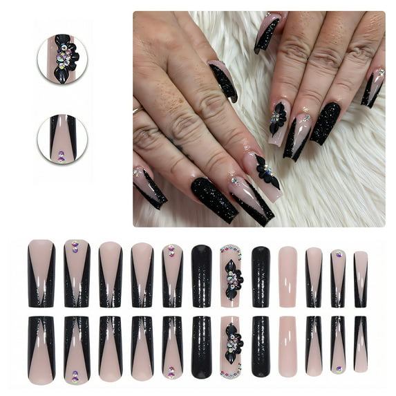 RAGUPEL 24Pcs Glue on Nails for Women,Diamond Nail Tips Square,Embossed Flower Fake Nails,Press on Nails Long for Photography,Red Carpet and Stage,Style2