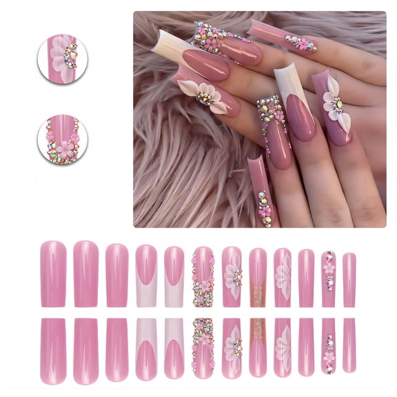 RAGUPEL 24Pcs Glue on Nails for Women,Diamond Press on Nails French Tip,Embossed Petals Long Press on Nails,Square Nails for Photography,Stage and Red Carpet,Style1