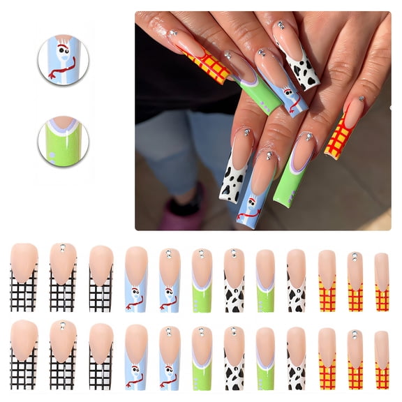 RAGUPEL 24Pcs Glue on Nails for Women,Diamond Press on Nails Square,Hand-Painted Pattern Press on Nails Summer,Long Press on Nails for Photography,Stage and Red Carpet,Style1