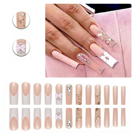 RAGUPEL 24Pcs Glue on Nails for Women,Diamond Square Nail Tips,3D Bow Cute Press on Nails,Long Press on Nails for Photography,Red Carpet and Stage,Style1