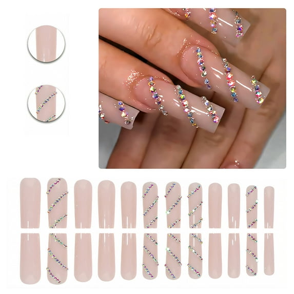 RAGUPEL 24Pcs Glue on Nails for Women,Diamond Square Nail Tips,Bright Surface Presson Nails for Women,Long Press on Nails for Photography,Stage and Red Carpet,Style3