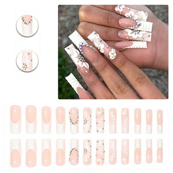 RAGUPEL 24Pcs Glue on Nails for Women,Embossed Square Press on Nails,Dimensional Flower Nail Press Ons,Long Press on Nails for Party,Daily Life,Taking Pictures,Dating,Style1