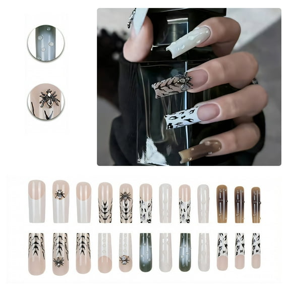 RAGUPEL 24Pcs Glue on Nails for Women,Embossed Water Droplets Square Nail Tips,3D Spider Press on Nails Summer,Long Nails for Dating,Party,Taking Pictures,Daily Life,Style1