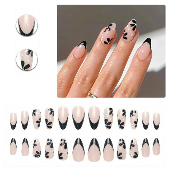 RAGUPEL 24Pcs Glue on Nails for Women,Flower Pattern French Tip Nails,Glossy Design Medium Almond Press on Nails,Press on Nails Summer for Daily Life,Dating and Gatherings,Style1