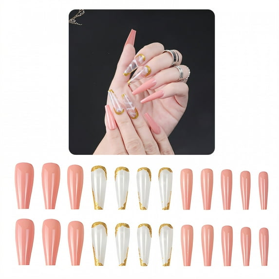 RAGUPEL 24Pcs Glue on Nails for Women,Gold Glitter Coffin Nails Tips,Glossy Press on Nail,Nail Press Ons for Daily Life,Gatherings and Photo Shoots,Style2