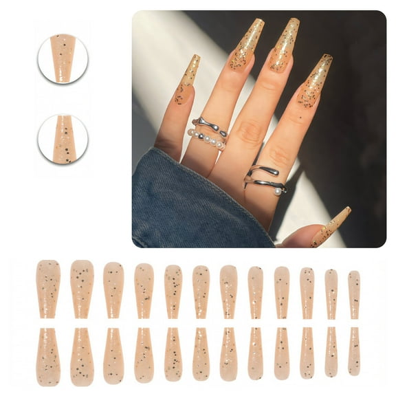 RAGUPEL 24Pcs Glue on Nails for Women,Gold Glitter Coffin Press on Nails,Glossy Fake Nails with Designs,Fake Nails for Party,Daily Life,Taking Pictures,Dating,Style1