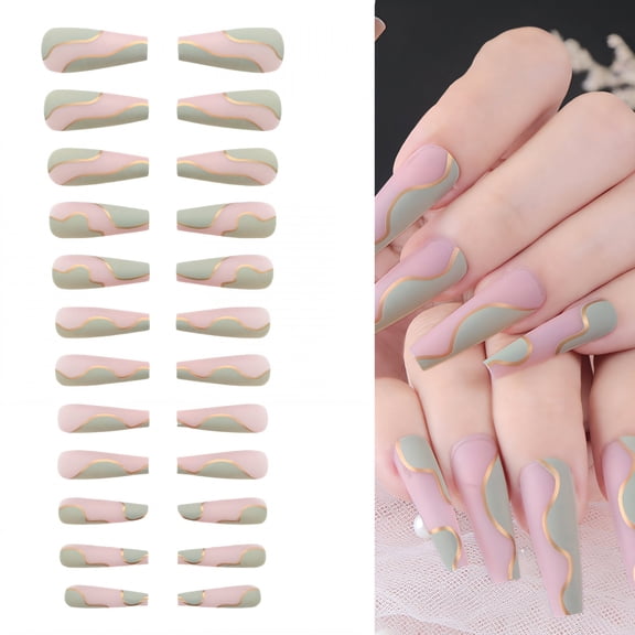 RAGUPEL 24Pcs Glue on Nails for Women,Golden Lines Coffin Nails Tips,Matte Surface Nail Press Ons,Fake Nails for Parties,Gatherings and Photo Shoots,Style2