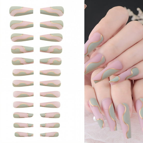 RAGUPEL 24Pcs Glue on Nails for Women,Golden Lines Coffin Nails Tips,Matte Surface Nail Press Ons,Fake Nails for Parties,Gatherings and Photo Shoots,Style2