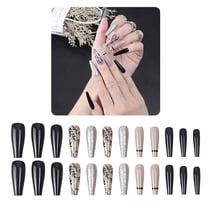 RAGUPEL 24Pcs Glue on Nails for Women,Hand-Drawn Design Coffin Press on Nails,Silver Glitter Nail Tips Square,Fake Nails with Designs for Daily Life,Dating,Gatherings and Photo Shoots,Style1