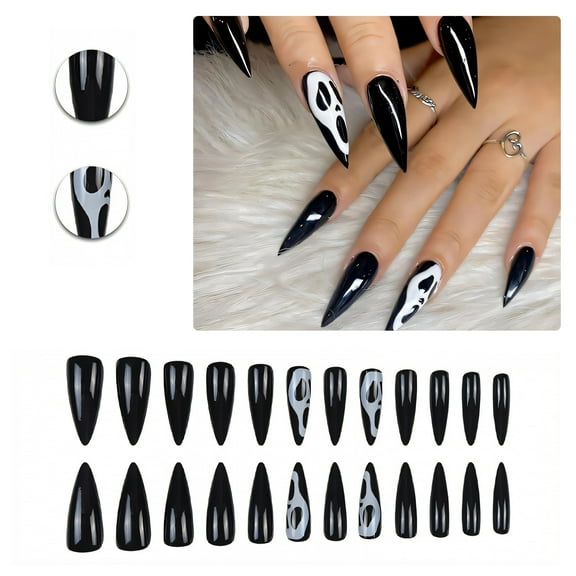 RAGUPEL 24Pcs Glue on Nails for Women,Hand-Drawn Design Stiletto Press on Nails,Dark Style False Nails,Fake Nails for Dating,Party,Taking Pictures,Daily Life,Style1