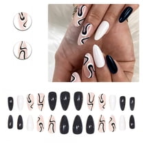 RAGUPEL 24Pcs Glue on Nails for Women,Hand-Drawn Lines Almond Press on Nails,Glossy Finish Full Cover Nail Tips,Stick on Nails for Women and Girls,Style1