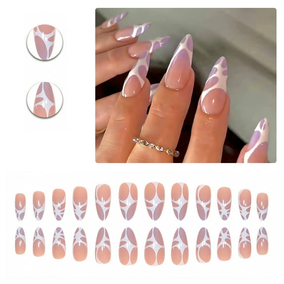 RAGUPEL 24Pcs Glue on Nails for Women,Hand-Drawn Lines Almond Shaped Press on Nails,Glossy Finish Cute Nails,Cute Press on Nails for Daily Life,Dating and Gatherings,Style1