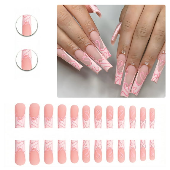 RAGUPEL 24Pcs Glue on Nails for Women,Hand-Drawn Lines Square Press on Nails,Matte Surface Presson Nails for Women,Nails Press Ons for Daily Life,Dating,Party,Taking Pictures,Style3