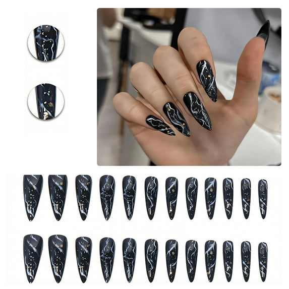 RAGUPEL 24Pcs Glue on Nails for Women,Hand-Drawn Lines Stiletto Press on Nails,Gold Sequins Best Press on Nails,Cute Nails for Daily Life,Dating,Gatherings and Photo Shoots,Style2
