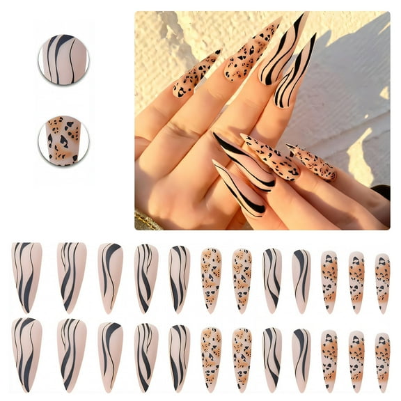 RAGUPEL 24Pcs Glue on Nails for Women,Hand-Drawn Lines Stiletto Press on Nails,Matte Design Cute Press on Nails,Press on Nails Long for Parties,Gatherings and Photo Shoots,Style1