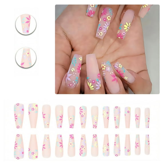 RAGUPEL 24Pcs Glue on Nails for Women,Hand-Painted Colorful Flowers Coffin Nails Tips,Matte Design Nail Press Ons,False Nails for Dating,Party,Taking Pictures,Daily Life,Style3