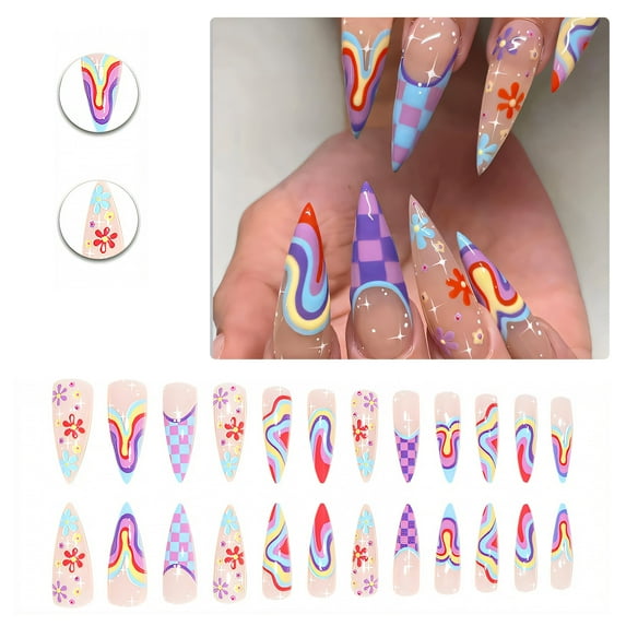 RAGUPEL 24Pcs Glue on Nails for Women,Hand-Painted Colorful Flowers Stiletto Press on Nails,Glossy Nails Press Ons,Press on Nails Long for Daily Life,Gatherings and Photo Shoots,Style3