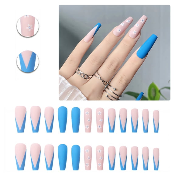 RAGUPEL 24Pcs Glue on Nails for Women,Hand-Painted Flowers Coffin Nails Tips,Matte Finish Cute Press on Nails,Presson Nails for Women Suitable for Parties,Gatherings and Photo Shoots,Style2