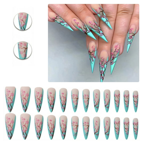 RAGUPEL 24Pcs Glue on Nails for Women,Hand-Painted Flowers Stiletto Press on Nails,Matte Surface Fake Nails with Designs,Long Press on Nails for Parties,Gatherings and Photo Shoots,Style2