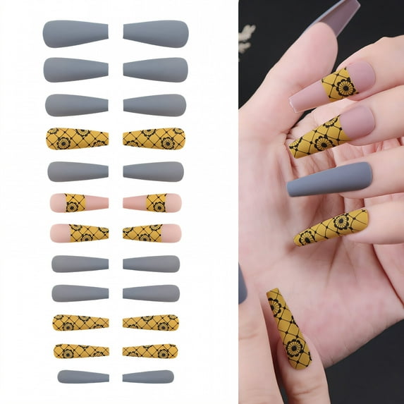 RAGUPEL 24Pcs Glue on Nails for Women,Hand-Painted Pattern Press on Nails Coffin,Matte Finish Cute Nails,Fake Nails for Parties,Gatherings and Photo Shoots,Style3