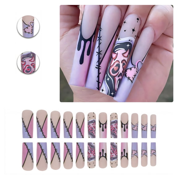 RAGUPEL 24Pcs Glue on Nails for Women,Hand-Painted Pattern Square Nail Tips,Matte Surface Press on Nail,Long Nails for Dating,Party,Taking Pictures,Daily Life,Style1