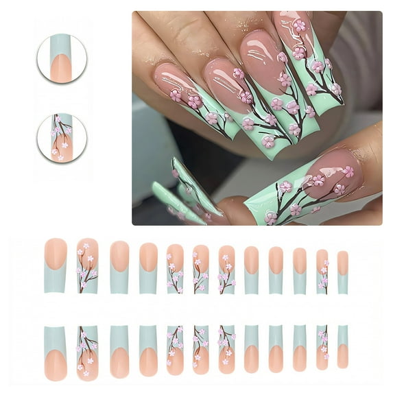 RAGUPEL 24Pcs Glue on Nails for Women,Hand-Painted Pattern Square Press on Nails,3D Flower Design Cute Nails,Cute Press on Nails for Daily Life,Dating,Gatherings and Photo Shoots,Style2