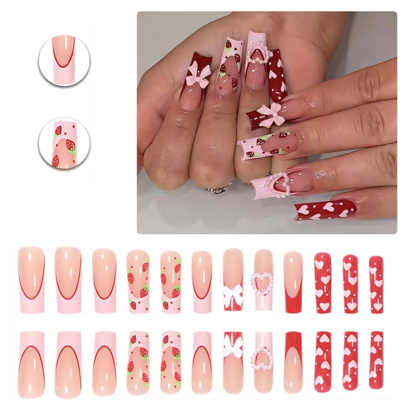 RAGUPEL 24Pcs Glue on Nails for Women,Hand-Painted Strawberry Square Nails,3D Bowknot Stick on Nails for Women,Press on Nails Long for Daily Life,Photo Shoots,Dating and Gatherings,Style1