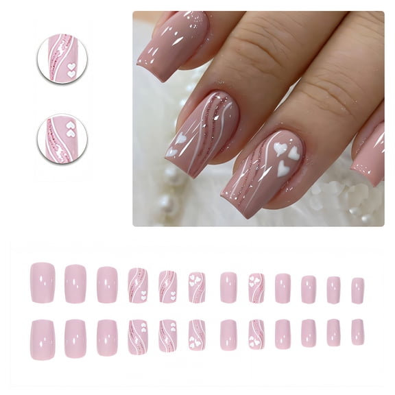 RAGUPEL 24Pcs Glue on Nails for Women,Heart Design Nail Wraps for Short Nails,Silver Sequins Presson Nails for Women,Cute Nails for Daily Life,Dating and Gatherings,Style2