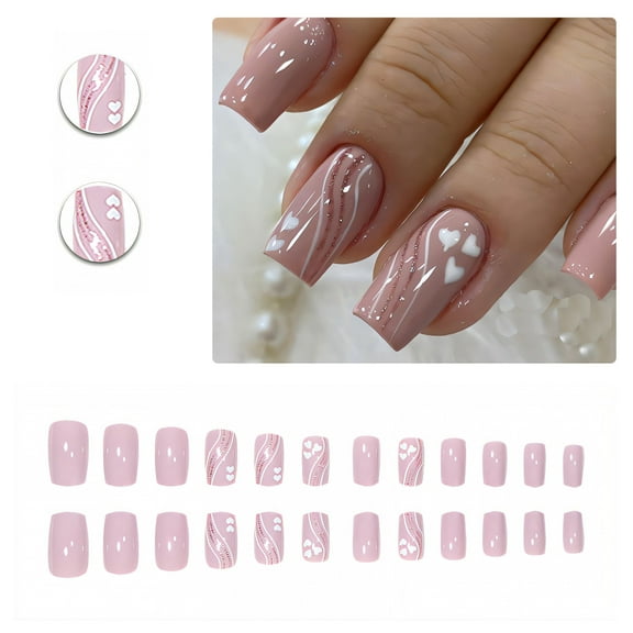 RAGUPEL 24Pcs Glue on Nails for Women,Heart Design Nail Wraps for Short Nails,Silver Sequins Presson Nails for Women,Cute Nails for Daily Life,Dating and Gatherings,Style2
