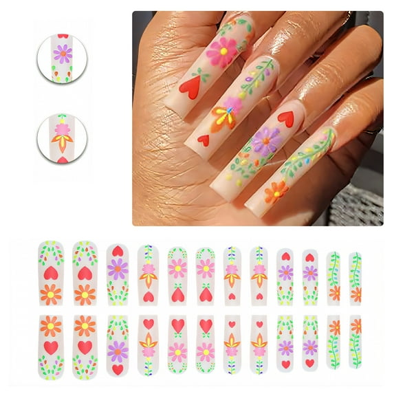 RAGUPEL 24Pcs Glue on Nails for Women,Heart and Flower Pattern Square Nails,Matte Stick on Nails,Long Nails for Photography,Stage and Red Carpet,Style1