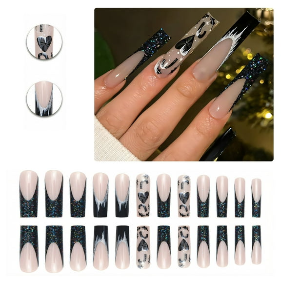 RAGUPEL 24Pcs Glue on Nails for Women,Heart Pattern Nail Tips Square,Colored Sequins Cute Press on Nails,Long Press on Nails for Photography,Stage and Red Carpet,Style1