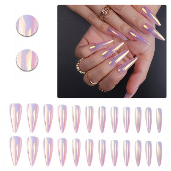RAGUPEL 24Pcs Glue on Nails for Women,Laser Effect Stiletto Press on Nails,Strong Adhesive Long Nails,Full Cover Nail Tips for Daily Life,Photo Shoots,Dating and Gatherings,Style1
