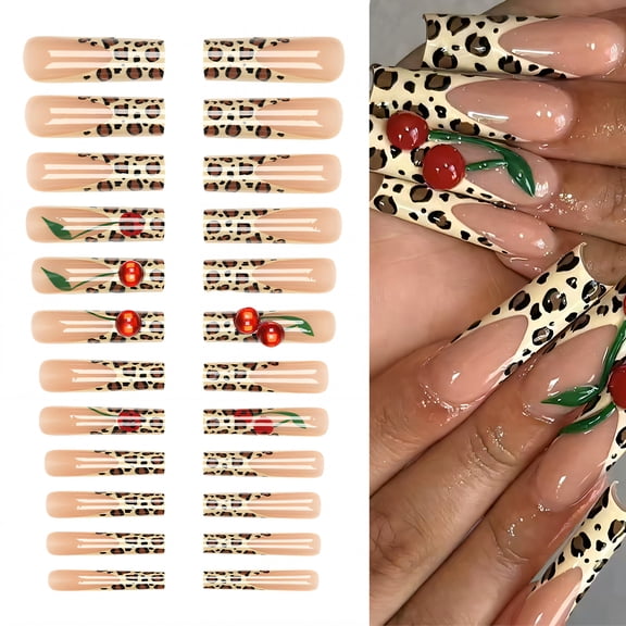 RAGUPEL 24Pcs Glue on Nails for Women,Leopard Print Square Press on Nails,3D Cherries Stick on Nails,Nail Press Ons for Parties,Gatherings and Photo Shoots,Style1