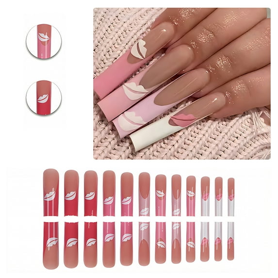 RAGUPEL 24Pcs Glue on Nails for Women,Lip Pattern Press on French Tip Nails,Bright Surface Square Nail Tips,Press on Nails Long for Photography,Red Carpet and Stage,Style2