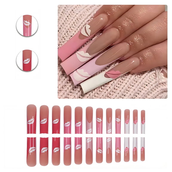 RAGUPEL 24Pcs Glue on Nails for Women,Lip Pattern Press on French Tip Nails,Bright Surface Square Nail Tips,Press on Nails Long for Photography,Red Carpet and Stage,Style2