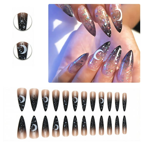 RAGUPEL 24Pcs Glue on Nails for Women,Moon and Star Pattern Stiletto Press on Nails,Colored Sequins Fake Nails,Presson Nails for Women for Photography,Stage and Red Carpet,Style2