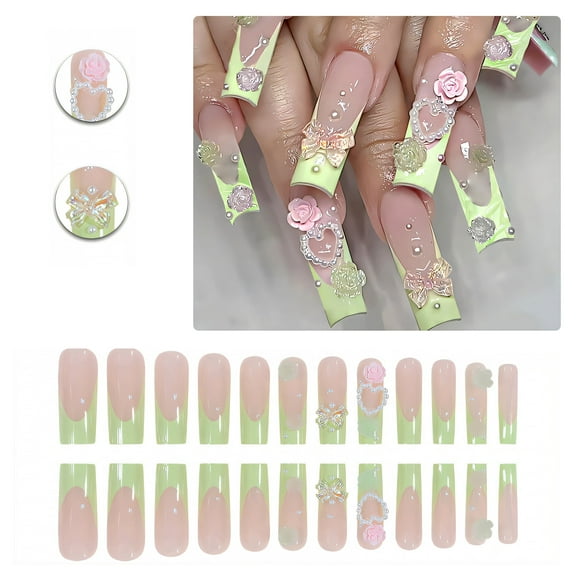 RAGUPEL 24Pcs Glue on Nails for Women,Pearl Accents Square Nails,3D Flower Bow Long Press on Nails,False Nails for Party,Daily Life,Taking Pictures,Dating,Style1