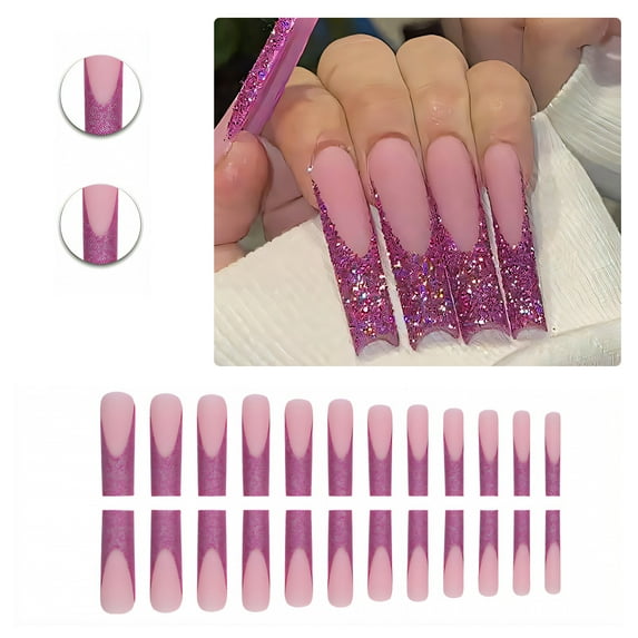 RAGUPEL 24Pcs Glue on Nails for Women,Pink Sequins Press on Nails French Tip,Matte Press on Nails Square,Long Press on Nails for Photography,Stage and Red Carpet,Style1