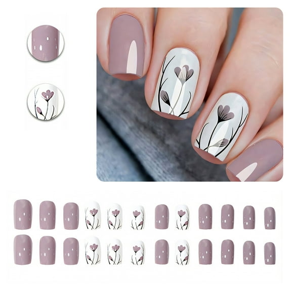 RAGUPEL 24Pcs Glue on Nails for Women,Purple Flowers Short Fake Nails,Glossy Best Press on Nails,Press on Nail for Daily Life,Dating and Gatherings,Style3