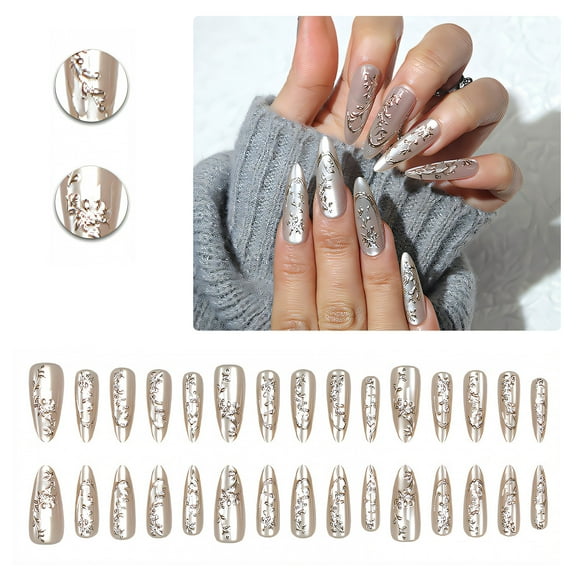 RAGUPEL 24Pcs Glue on Nails for Women,Relief Pattern Stiletto Press on Nails,Silver Lines Full Cover Nail Tips,Cute Nails for Party,Daily Life,Taking Pictures,Dating,Style1