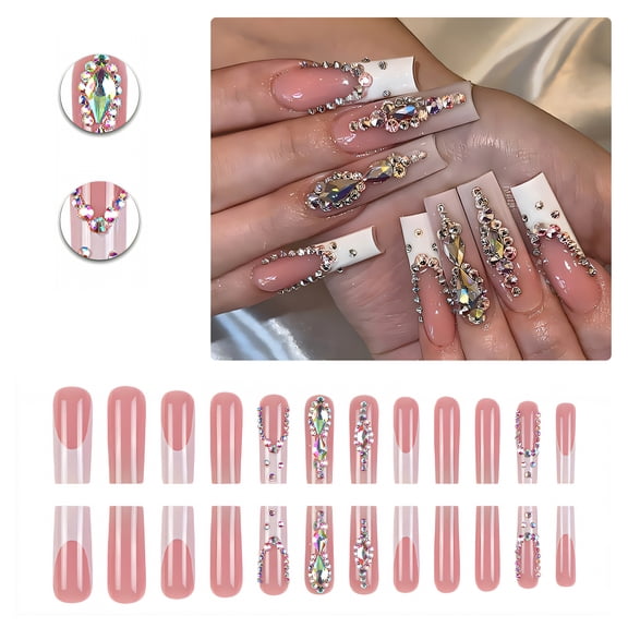 RAGUPEL 24Pcs Glue on Nails for Women,Rhinestone-Studded Nail Tips Square,Exaggerated Press on Nails Long,False Nails for Daily Life,Dating,Party,Taking Pictures,Style1