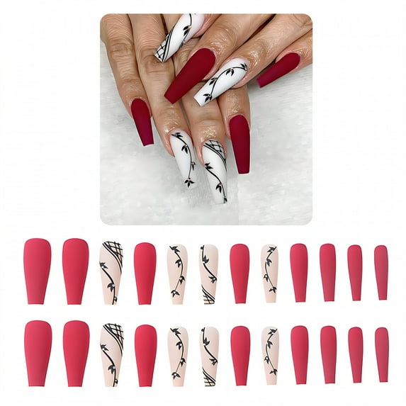 RAGUPEL 24Pcs Glue on Nails for Women,Rhinestone-Studded Press on Nails Coffin,Hand-Painted Pattern Stick on Nails for Women,Stick on Nails for Daily Life,Photo Shoots,Dating and Gatherings,Style3
