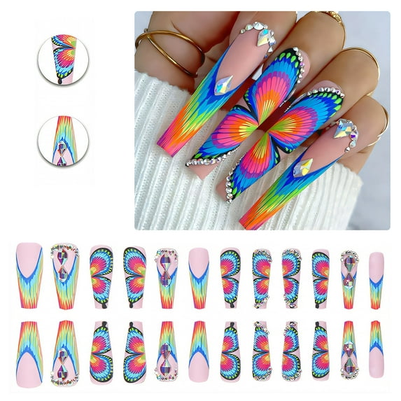 RAGUPEL 24Pcs Glue on Nails for Women,Rhinestone-Studded Square Press on Nails,Colorful Butterfly Cute Nails,Long Nails for Daily Life,Dating,Party,Taking Pictures,Style2