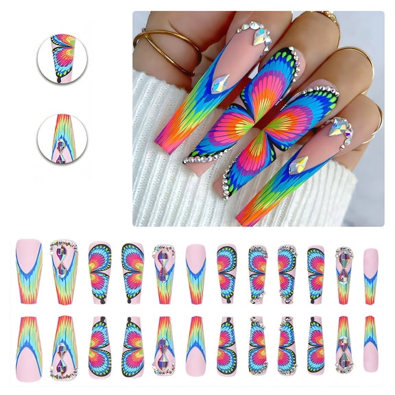 RAGUPEL 24Pcs Glue on Nails for Women,Rhinestone-Studded Square Press on Nails,Colorful Butterfly Cute Nails,Long Nails for Daily Life,Dating,Party,Taking Pictures,Style2