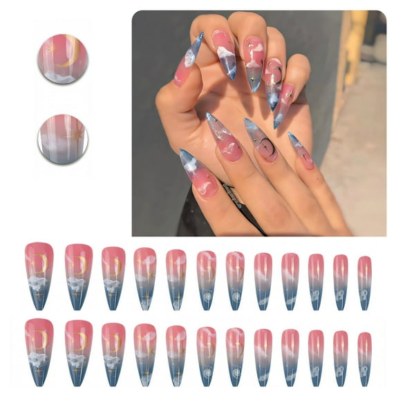 RAGUPEL 24Pcs Glue on Nails for Women,Stars and Moon Stiletto Press on Nails,Glossy Finish Presson Nails for Women,Nails Press Ons Suitable for Parties,Gatherings and Photo Shoots,Style1