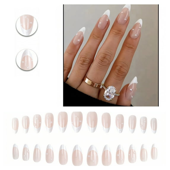 RAGUPEL 24Pcs Glue on Nails for Women,White Press on Nails French Tip,Pearl Decoration Almond Press on Nails,Nails Press Ons for Workplace,Daily Life,Wedding,Style1