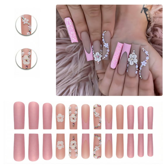 RAGUPEL 24Pcs Glue on Nails for Women,3D Flowers Press on Nails Square,Matte Nails Press On,Long Nails for Photography,Stage and Red Carpet,Style2