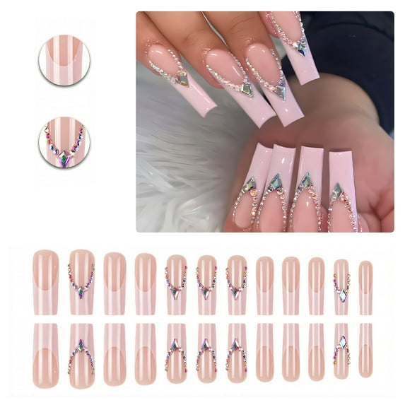 RAGUPEL 24Pcs Glue on Nails for Women,Diamond-Accented Square Press on Nails,Pink Tip Press on Nails Long,Presson Nails for Women and Girls,Style1