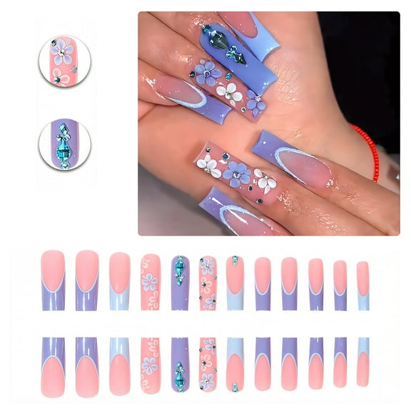 RAGUPEL 24Pcs Glue on Nails for Women,Embossed Press on Nails Square,3D Blossom Stick on Nails,Long Nails for Party,Daily Life,Taking Pictures,Style1